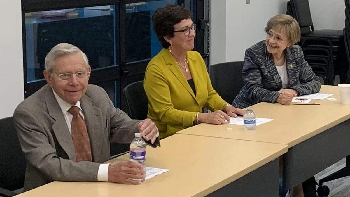 Businessman Frank Oddo, left, Kansas Republican national committeewoman Kim Borchers and state Sen. Beverly Gossage during a roundtable discussion Wednesday criticizing President Joe Biden’s economic policy.
