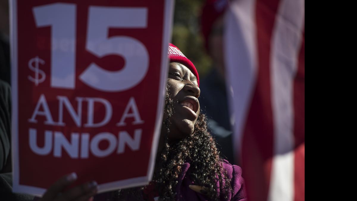 
In March, demonstrators such as fast-food worker Amber Whitelow stopped at a Kansas City McDonald’s to call for a higher minimum wage.
