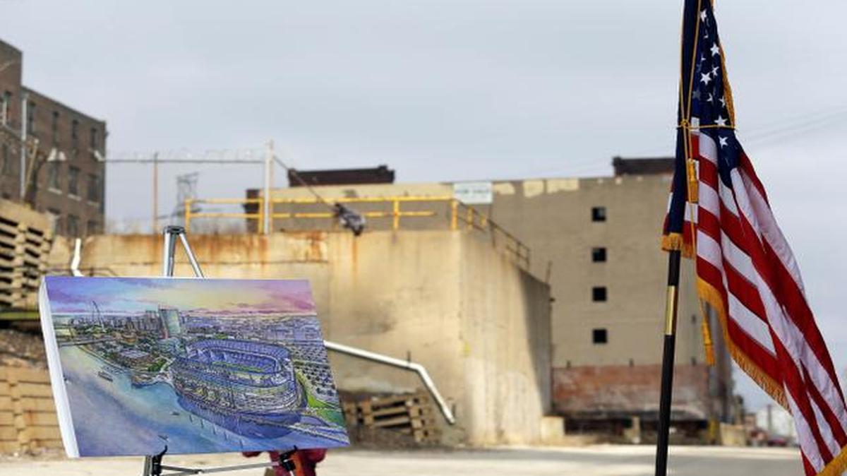 
An artist’s rendering of a proposed NFL stadium sat on an easel just prior to the start of a news conference by Missouri Gov. Jay Nixon on Tuesday at the site of the project in a blighted area north of downtown St. Louis. 

