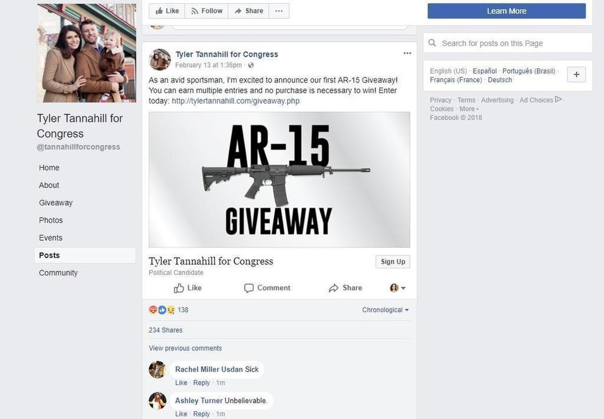 Tyler Tannahill, a Kansas Congressional candidate, posted this on his campaign Facebook page on Tuesday, Feb. 13, 2018, one day before a 19-year-old former student shot down 17 people inside Marjory Stoneman Douglas High School in Parkland, Fla. The gunman used his own AR-15 to carry out the mass shooting.
