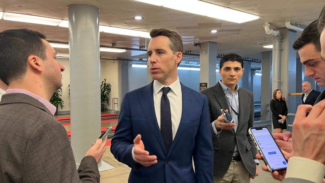 Sen. Josh Hawley, a Missouri Republican, takes questions from reporters in the basement of the U.S. Capitol.