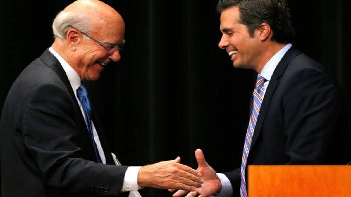 
Republican U.S. Sen. Pat Roberts and independent Greg Orman appeared Wednesday at a debate at the Overland Park Convention Center. After the debate, Roberts (left) and Orman shook hands.
