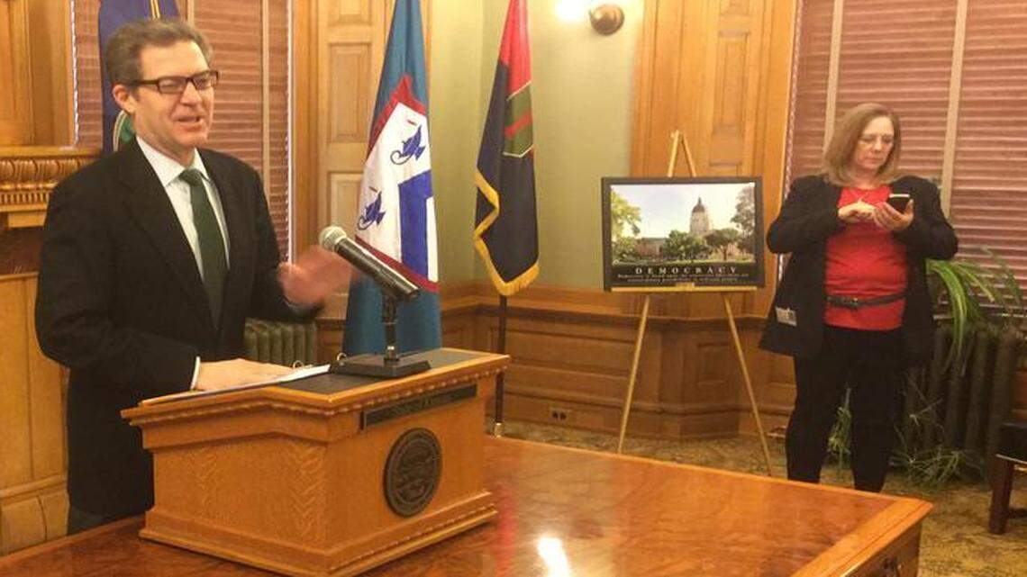 Gov. Sam Brownback spoke at a news conference Thursday in Topeka, discussing everything from a school finance ruling from the Kansas Supreme Court to the presidential race.