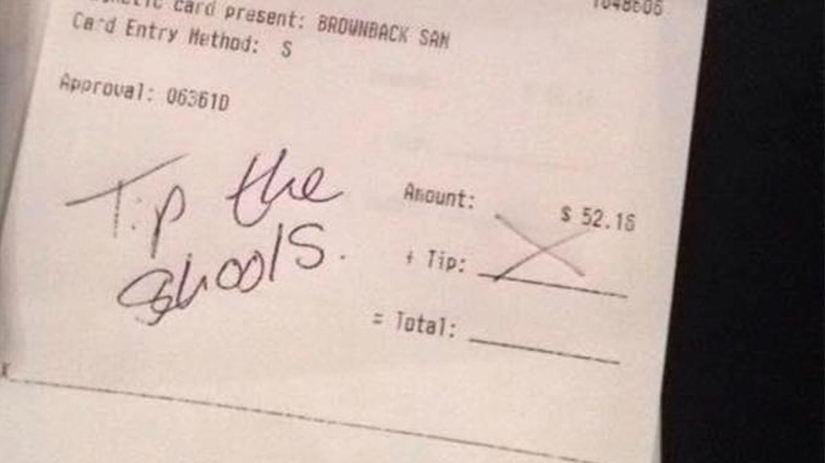 
Topeka waitress Chloe Hough used a restaurant receipt to get a point across to Kansas Gov. Sam Brownback.
