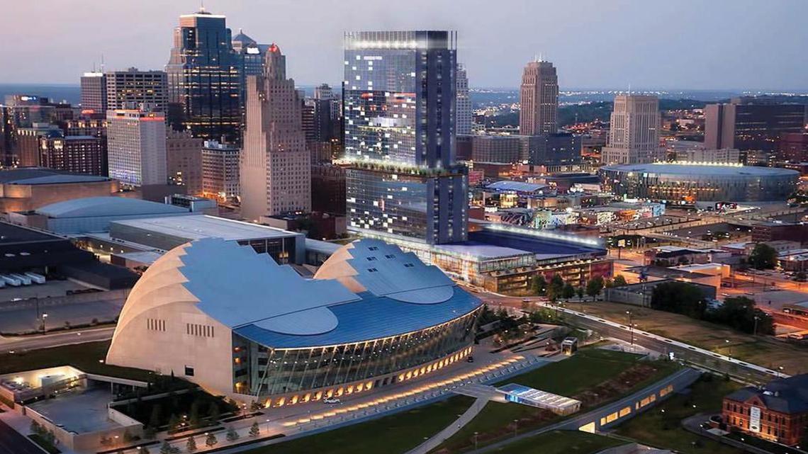 
Developers released this image of how the proposed $302 million, 800-room Hyatt convention hotel (center) would look in downtown Kansas City. The Kauffman Center for the Performing Arts is at the left. The Sprint Center is at the right. Supporters and critics are debating just how much the project would affect Kansas City’s ability to become a top-tier convention destination.
