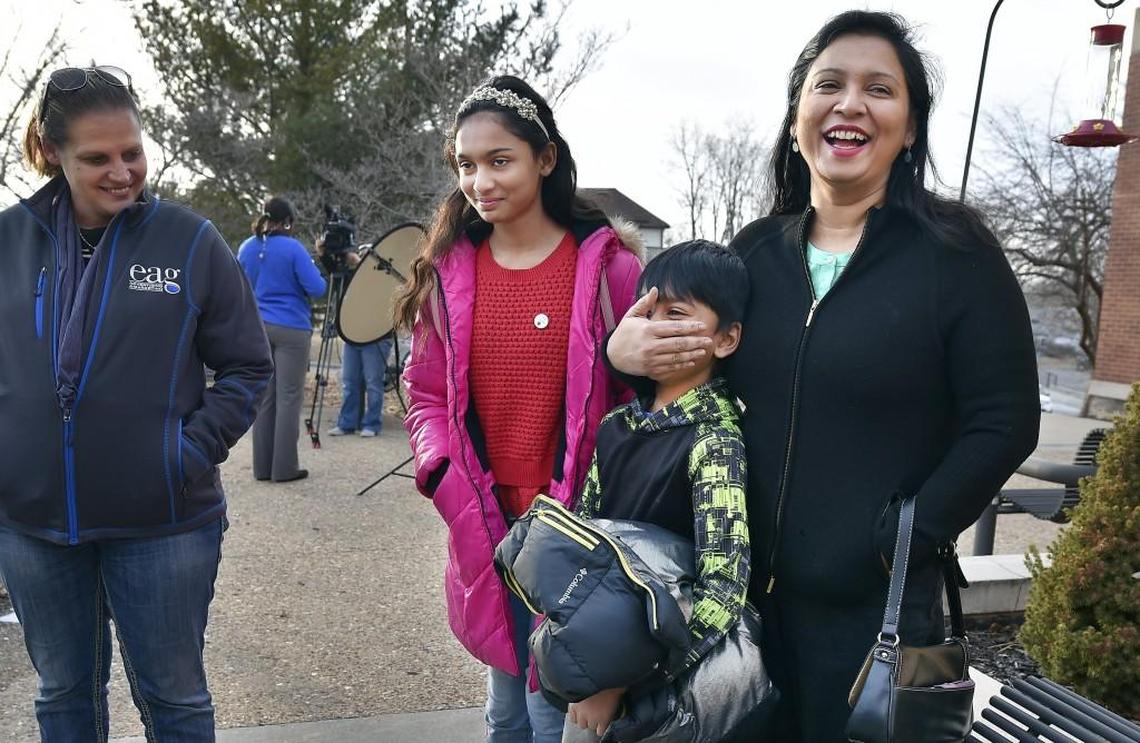 Angela Zaynaub Chowdhury (right), Syed Ahmed Jamal’s wife, shared a light moment with her youngest son, Fareed Jamal, 7, and daughter, Naheen, 12, outside the Platte County Detention Center on Wednesday afternoon while waiting for word from their attorney about visiting Syed Jamal in the jail. Syed Jamal was returned to Platte County from Hawaii on Wednesday.