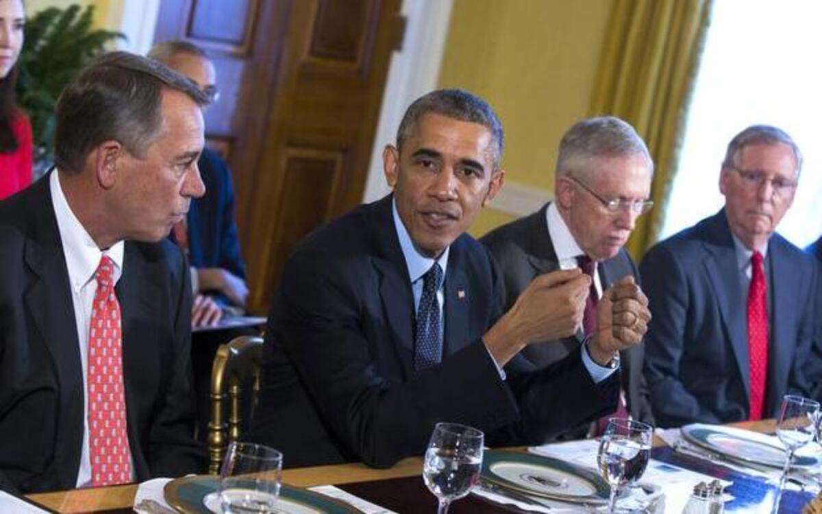 
President Barack Obama meets with Congressional leaders in the Old Family Dining Room of the White House in Washington. From left are, House Speaker John Boehner of Ohio, Obama, Senate Majority Leader Harry Reid of Nev., and Senate Minority Leader Mitch McConnell of Ky.

