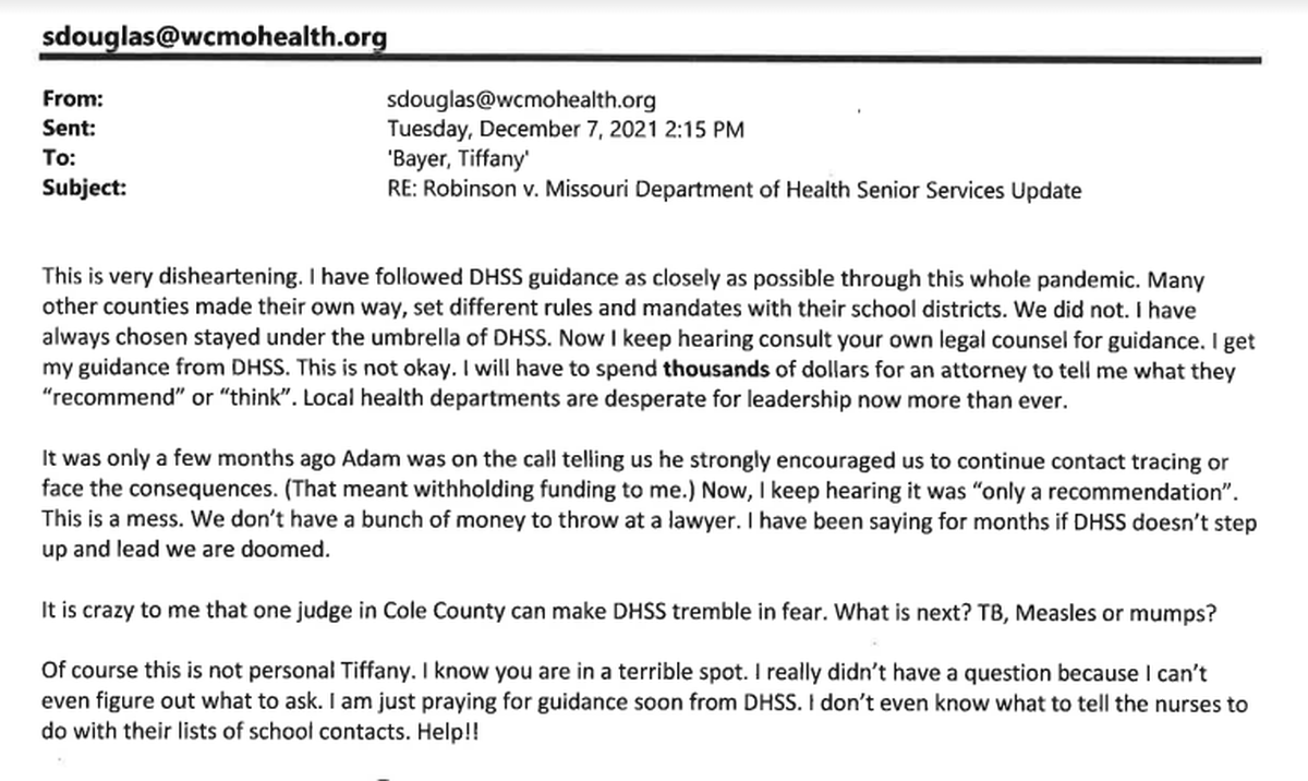 An email from Shawnee Douglas, of the Washington County, Missouri, Health Department.