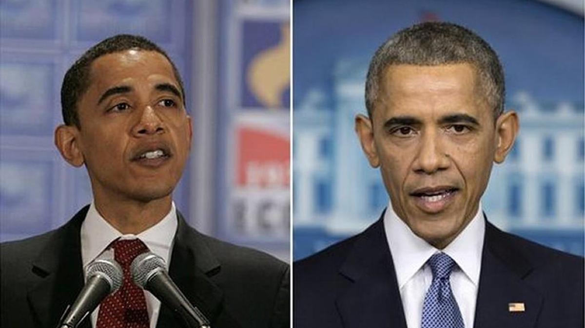President Obama in 2007, left, and in 2014