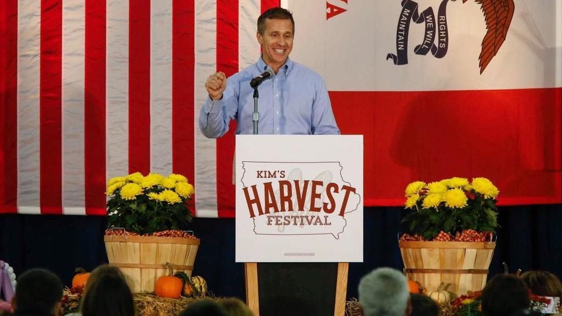 Guest speaker Missouri Gov. Eric Greitens addresses the audience at Iowa Gov. Kim Reynolds’ Harvest Festival at the Iowa State Fairgrounds in Des Moines Oct. 21. (Bryon