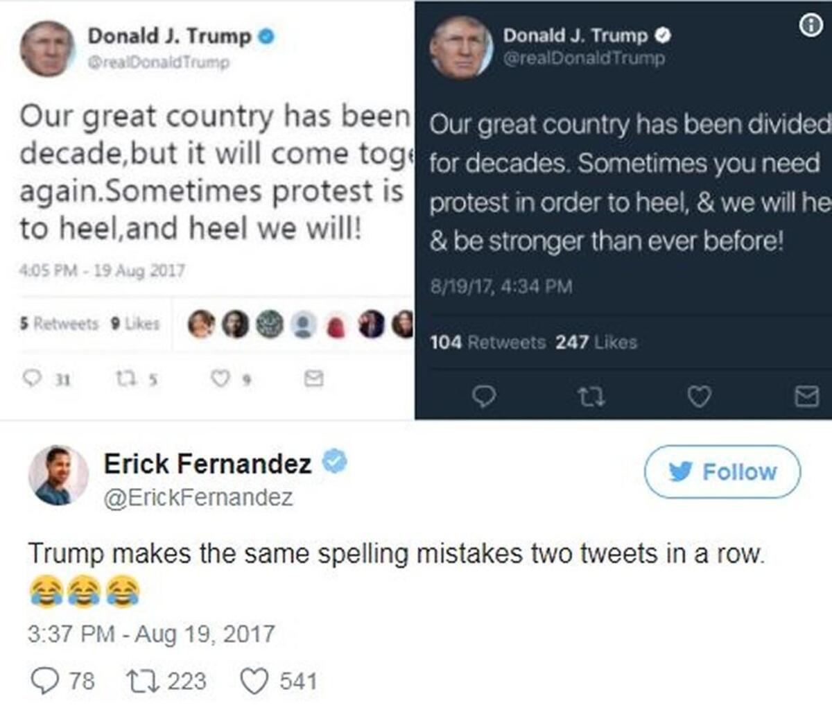 President Donald Trump said in a deleted tweet that the country had been “divided for decade, but will come together again. Sometimes protest is needed in order to heel, and heel we will!”