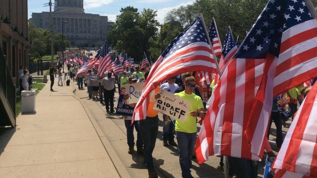 Union members rallied in Jefferson City in August to celebrate turning in more than 300,000 signatures to place a repeal of right-to-work on next year’s statewide ballot.