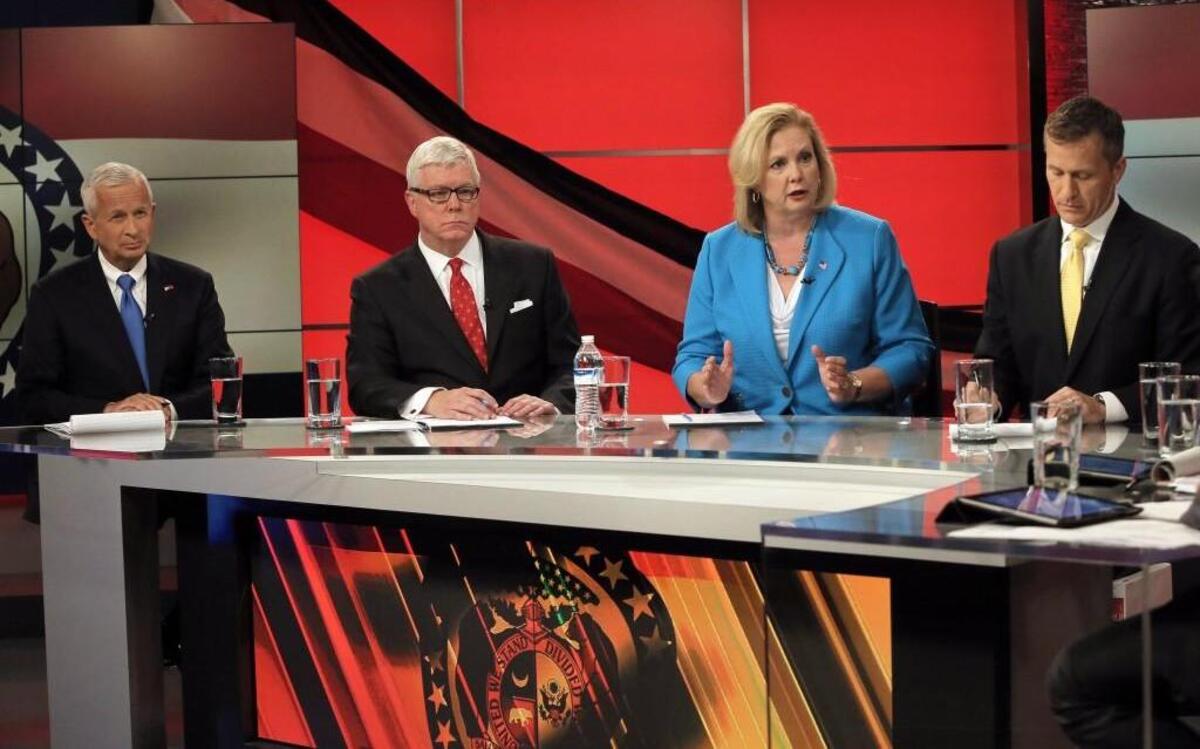 Republican governor hopefuls (from left) John Brunner, Peter Kinder, Catherine Hanaway and Eric Greitens squared off in a debate at a St. Louis television station on Monday night.