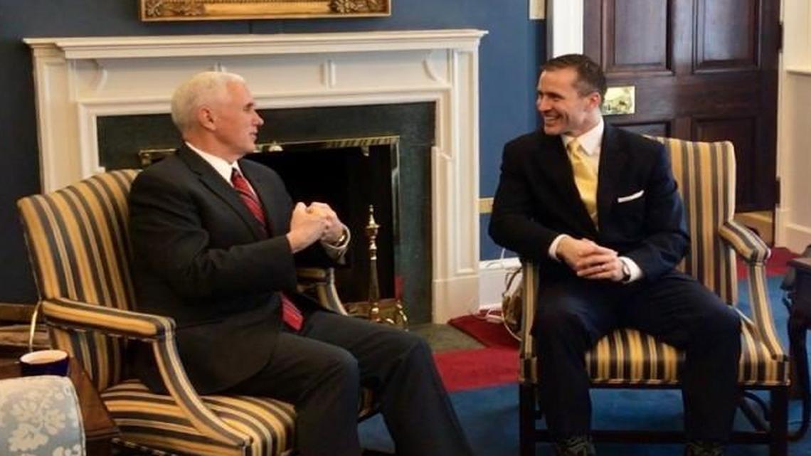 Missouri Gov. Eric Greitens (right) met Saturday with Vice President Mike Pence at the White House. Later that night, Greitens attended the Alfalfa Club dinner, an exclusive event held annually in Washington, D.C.