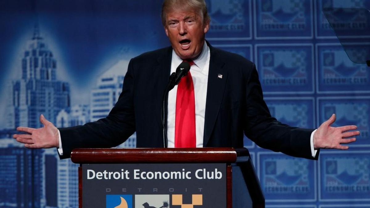 Republican presidential candidate Donald Trump delivers an economic policy speech to the Detroit Economic Club, Monday, Aug. 8, 2016, in Detroit.