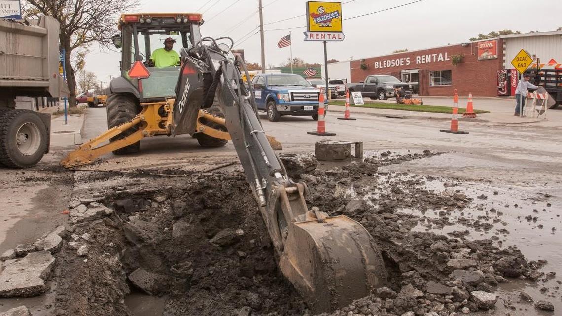 Crews from the Kansas City Water Services Department worked to repair a broken water main break Nov. 4 at 78th Street and Wornall Road. Department Director Terry Leeds says water main breaks dropped from nearly 1,900 in 2013 to 766 this year, thanks in part to an aggressive data tracking and maintenance program but also because very difficult drought conditions a few years ago have abated.