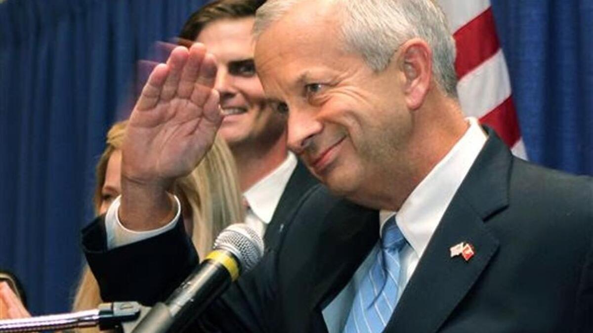 
In this Aug. 7, 2012, file photo, Republican John Brunner speaks to supporters in Clayton, Mo., during his bid for the U.S. Senate. 
