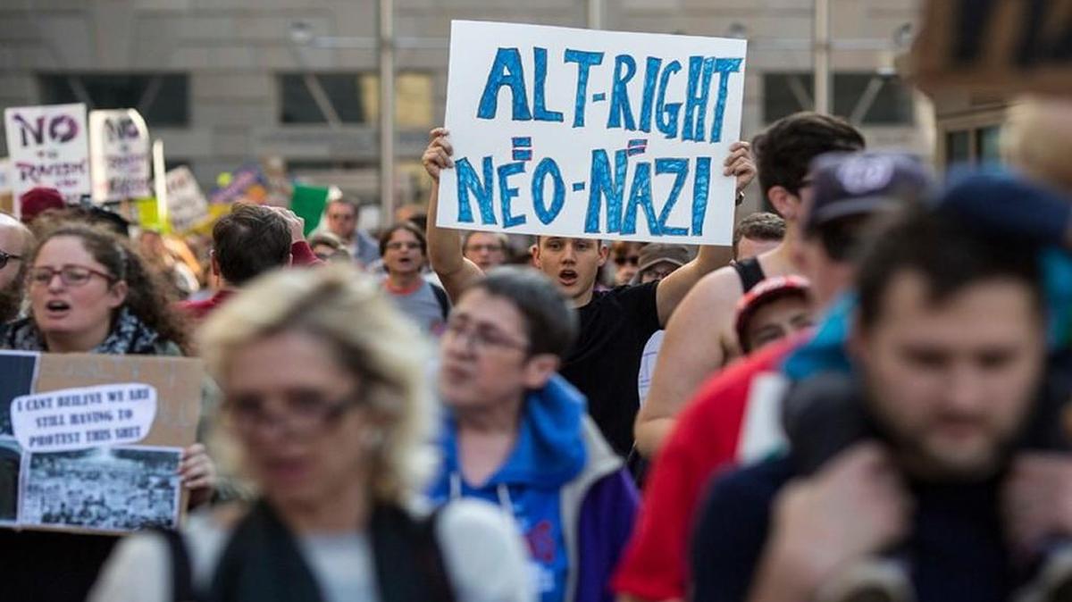 Protesters marched Nov. 19 in Washington, D.C., outside a conference of alt-right writers, activists and supporters. During his address, alt-right figure Richard Spencer raised a glass high in the air and proclaimed, “Hail Trump, hail our people, hail victory.” Some followers responded by extending their arms in a Nazi salute.