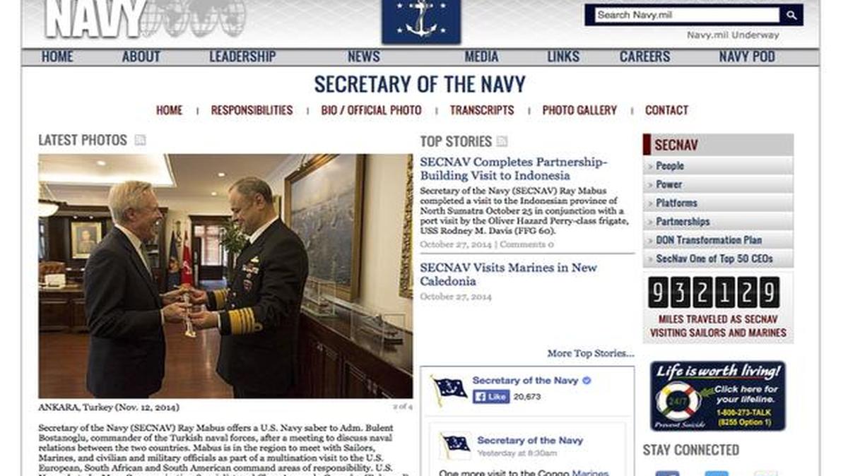 
This frame grab of the US Navy website shows a mileage counter, right, of Navy Secretary Ray Mabus travels.

