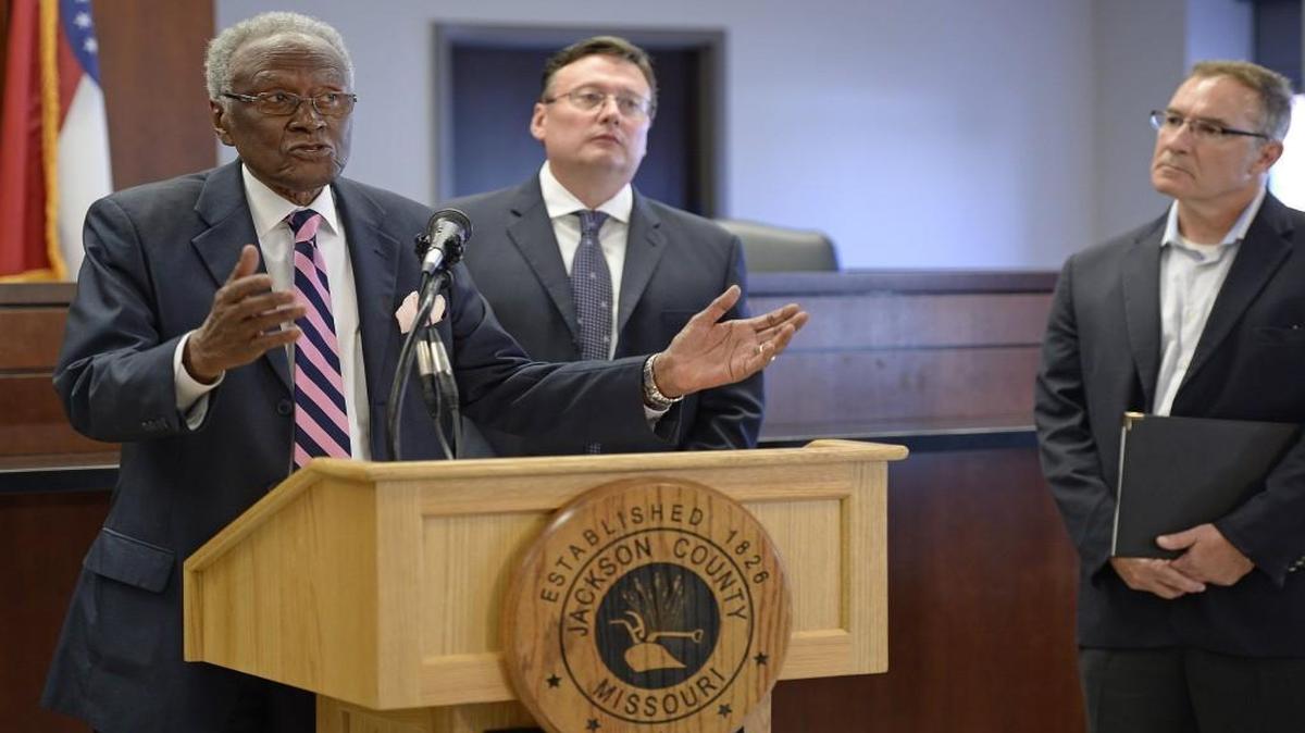 Alvin Brooks (from left), Jackson County Executive Mike Sanders and Joe Piccinini, acting director of county corrections, spoke with the media in August about an investigation of the Jackson County jail.