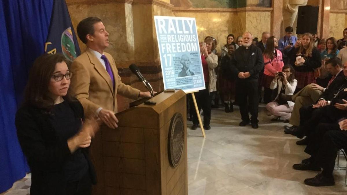 Kansas Gov. Sam Brownback spoke Wednesday at a “religious freedom” rally in Topeka.
