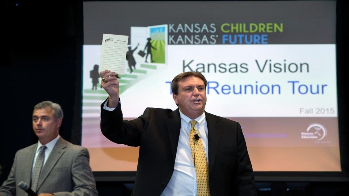 
Findings from a series of public forums around the state concerning education in Kansas were presented by Commissioner of Education Randy Watson on Tuesday at the Olathe School District’s Education Center, 14160 Black Bob Road. Deputy commissioner Brad Neuenswander (left) assisted in the presentation.
