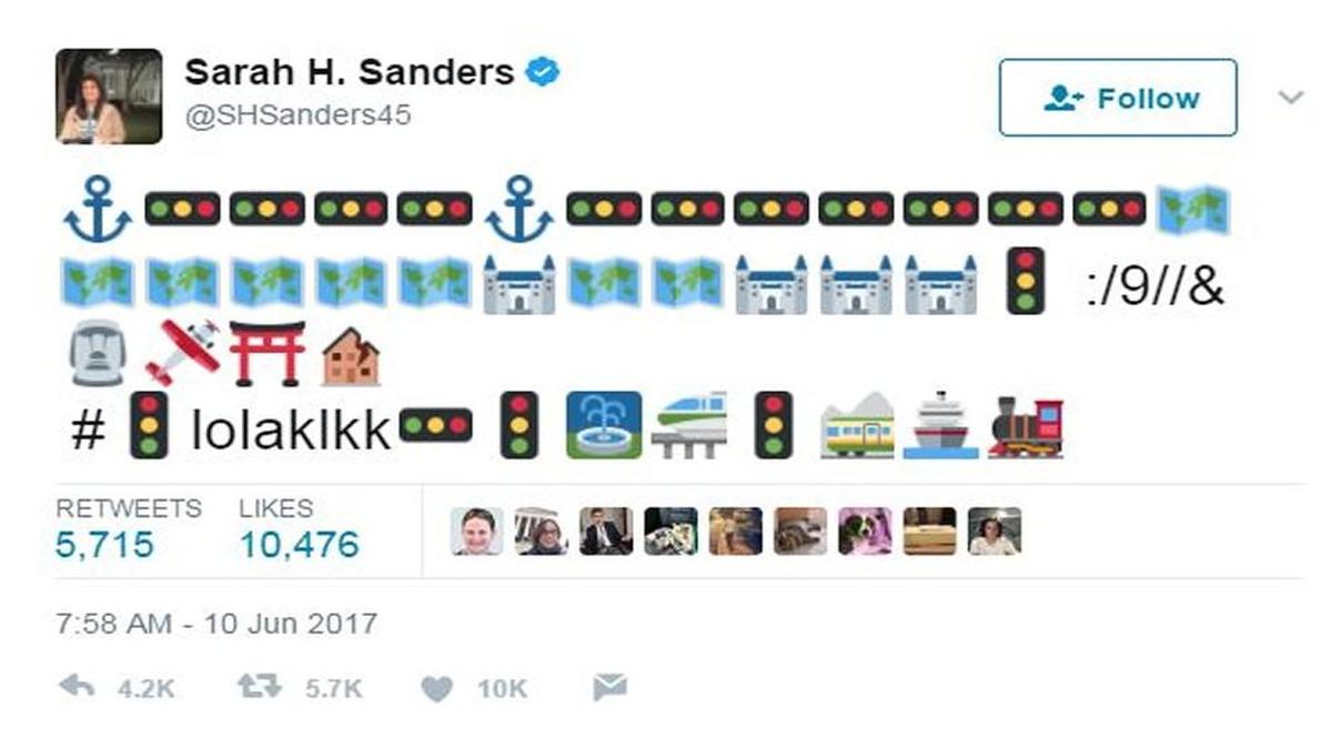 This confusing tweet laden with odd emojis was sent from the official account of Sarah Huckabee Sanders early Saturday morning