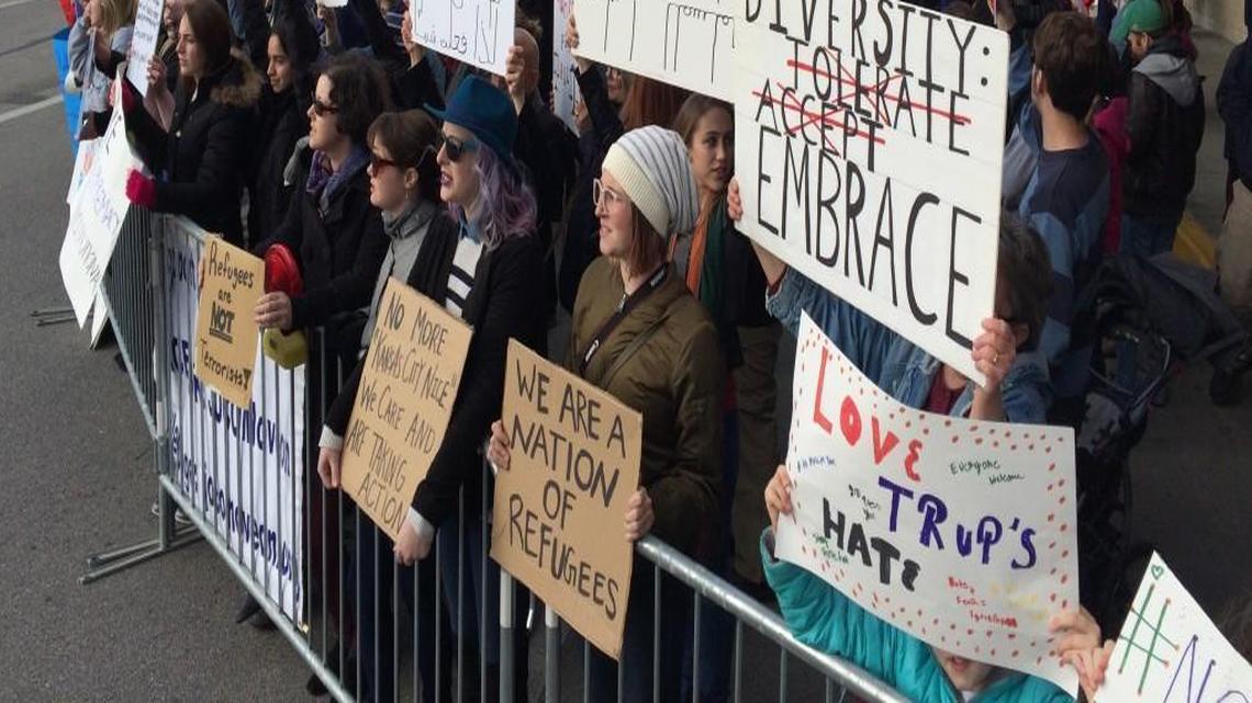 Protesters angry over President Donald Trump’s executive order on immigration gathered Sunday afternoon at Kansas City International Airport.
