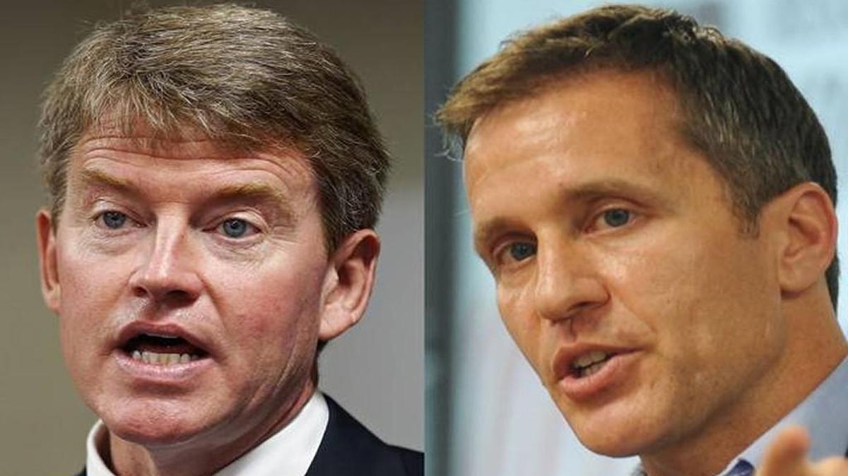 Democrat Chris Koster (left) faces Republican Eric Greitens on Tuesday in the race to become Missouri’s next governor.