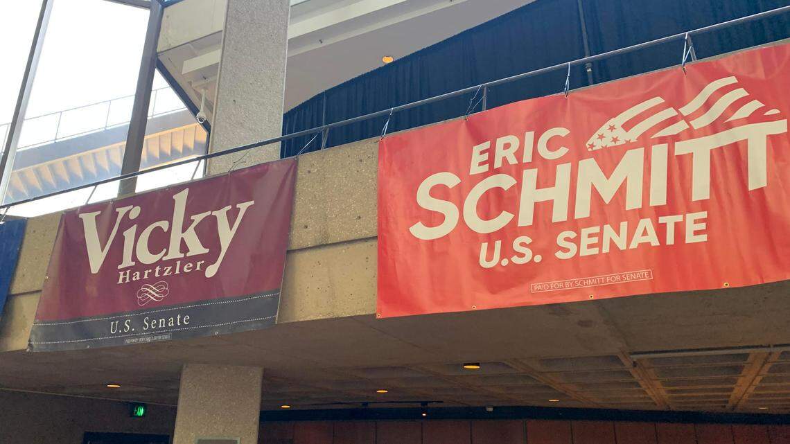 Campaign banners at the Missouri Republican Party’s Lincoln Days in Kansas City.