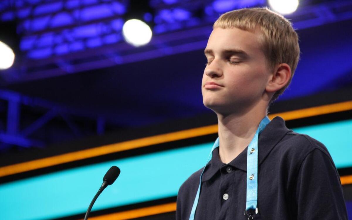 Peculiar’s Samuel Cheslik realized he misspelled the word “unconscionable” on Wednesday at the Scripps National Spelling Bee.