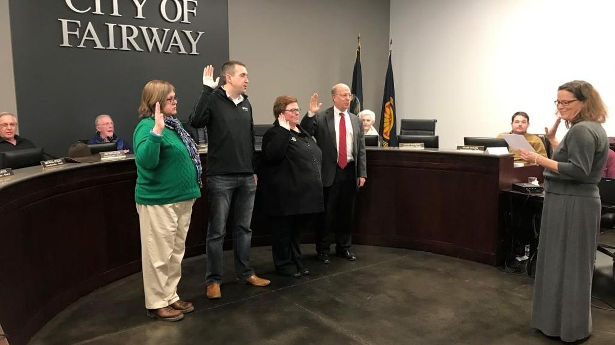 New and re-elected Fairway City Council members were sworn into office Jan. 8 during a meeting at the new City Hall.