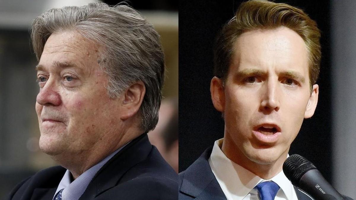 Josh Hawley, right, courted former White House chief strategist Steve Bannon before entering the U.S. Senate race in Missouri. Now Hawley could face political trouble because of his silence over Bannon’s ugly split with President Donald Trump.