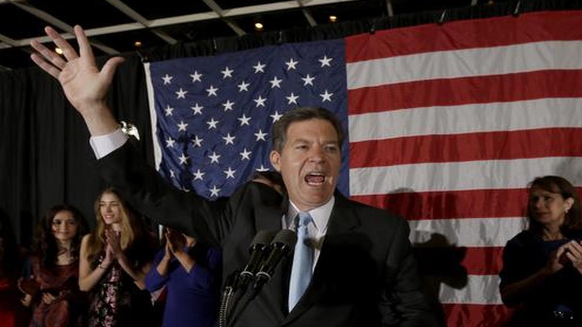 
Kansas Gov. Sam Brownback makes his victory speech Tuesday, Nov. 4, 2014, in Topeka
