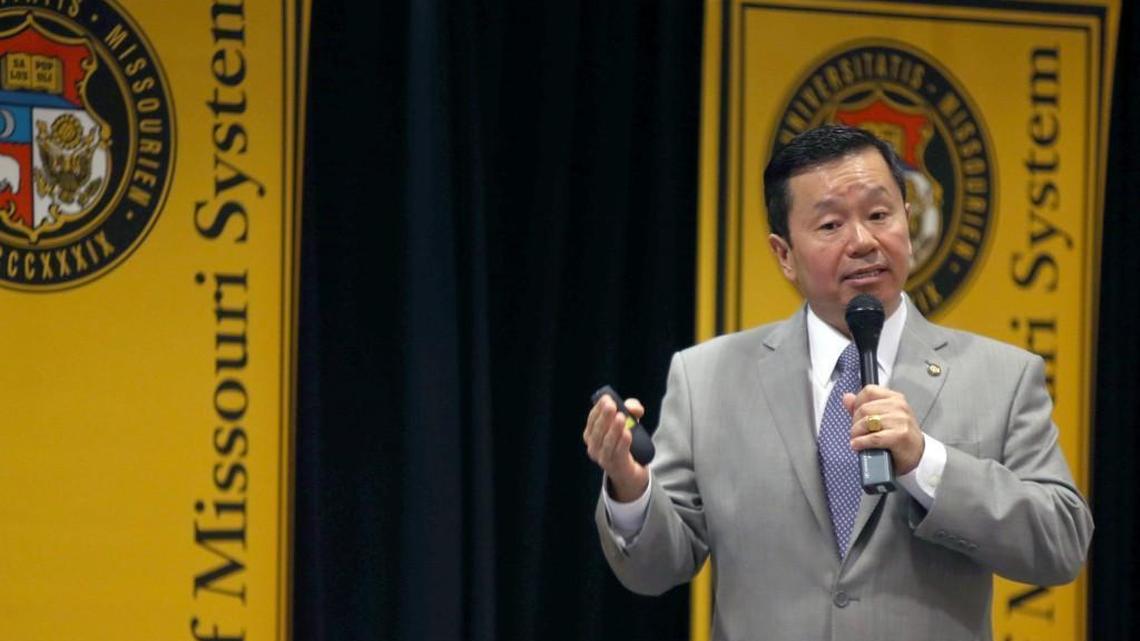 University of Missouri System president Mun Choi discusses the university system's budget and layoffs at Memorial Union on the Columbia campus, Friday, June 2, 2017, in Columbia, Mo.