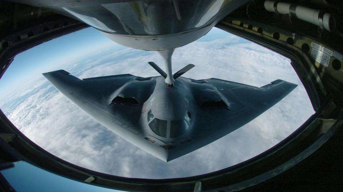A B-2 stealth bomber refueled during a training exercise over the Pacific. The plane is based at Whiteman Air Force Base and has struck targets around the globe flying from Missouri — but only with the help of tankers that operate as flying gas stations.