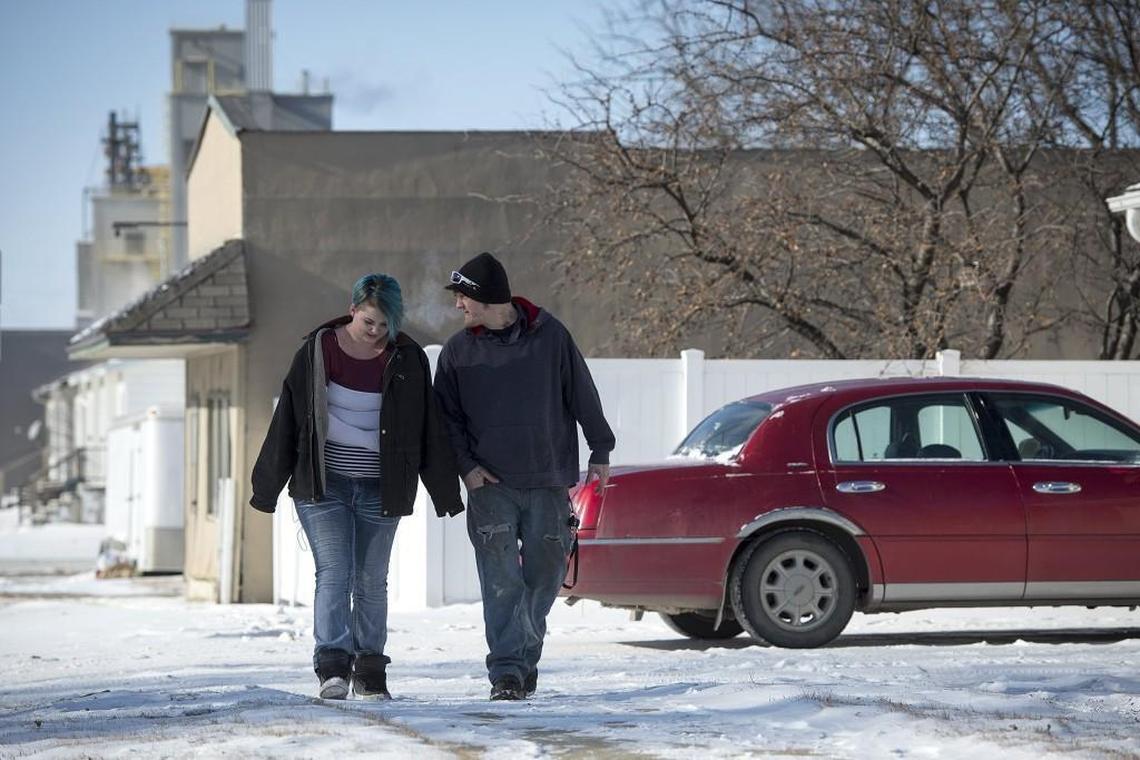 Brittany Koerselman, 19, greeted her ex-husband, Jeremie Rook, 24, outside her home in Sheldon, Iowa. She still loves Jeremie and hopes to reconcile. “I’m addicted to him,” she said.