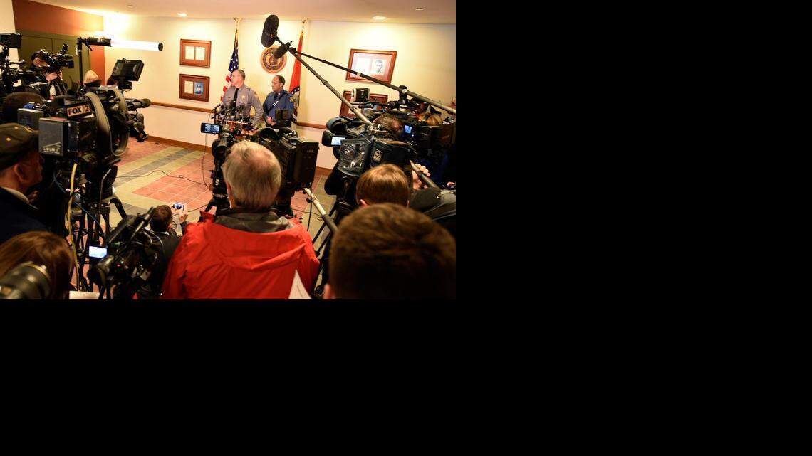 
Texas County Sheriff James Sigman answered questions for a swarm of media representatives Friday, Feb. 27, 2015, at Houston, Mo. in regard to the slaying of seven people around the Texas County town of Tyrone, Mo.
