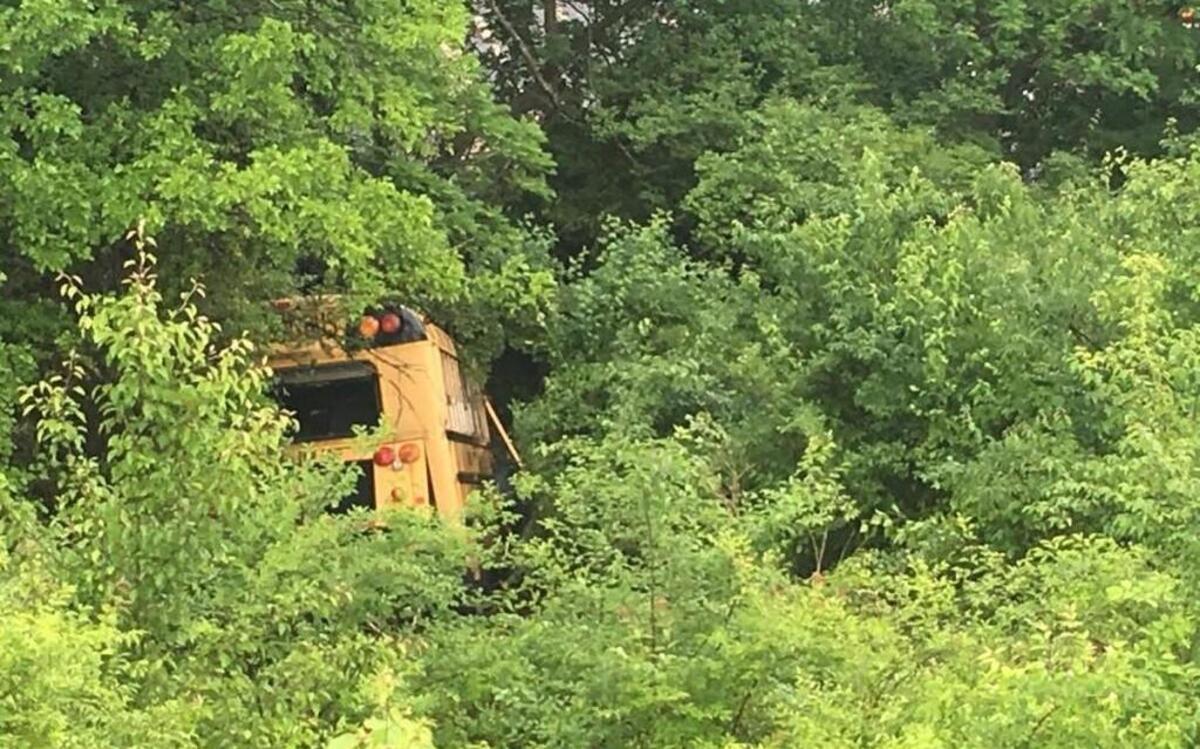 A school bus that ran off the highway Thursday morning was carrying about a dozen children. Injuries were reported but none that were life-threatening.