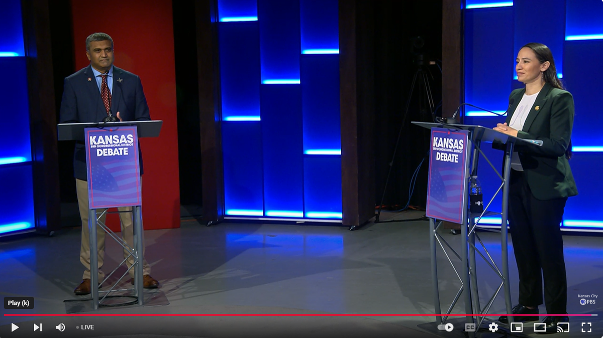 Republican Prasanth Reddy and Democratic Rep. Sharice Davids during a debate. Reddy and Davids are running for Congress in Kansas’ 3rd District.