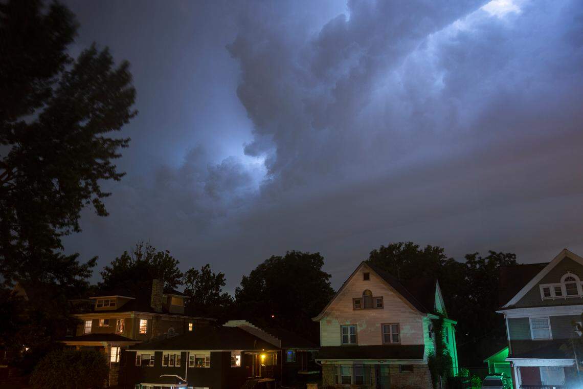 Lighting fills the sky in Kansas City early in the morning on June 8, 2022, as many areas in Jackson County go under tornado warning.