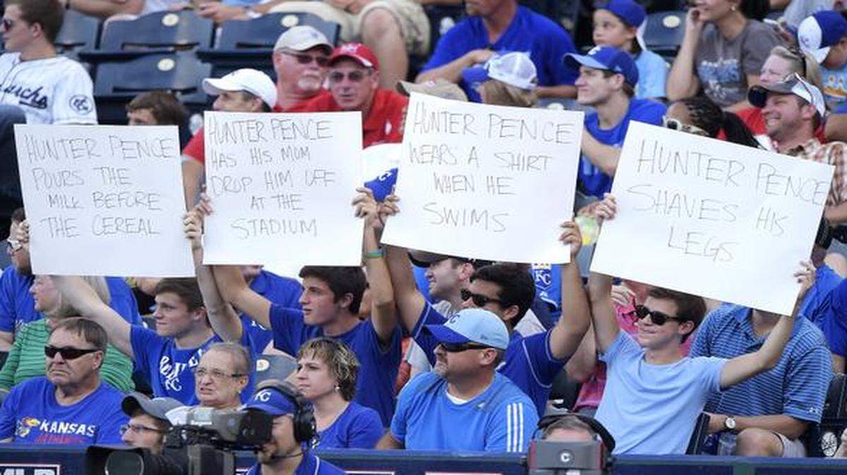
Royals fans displayed their signs about Giants right fielder Hunter Pence Aug. 9 when San Francisco played a series at Kauffman Stadium.
