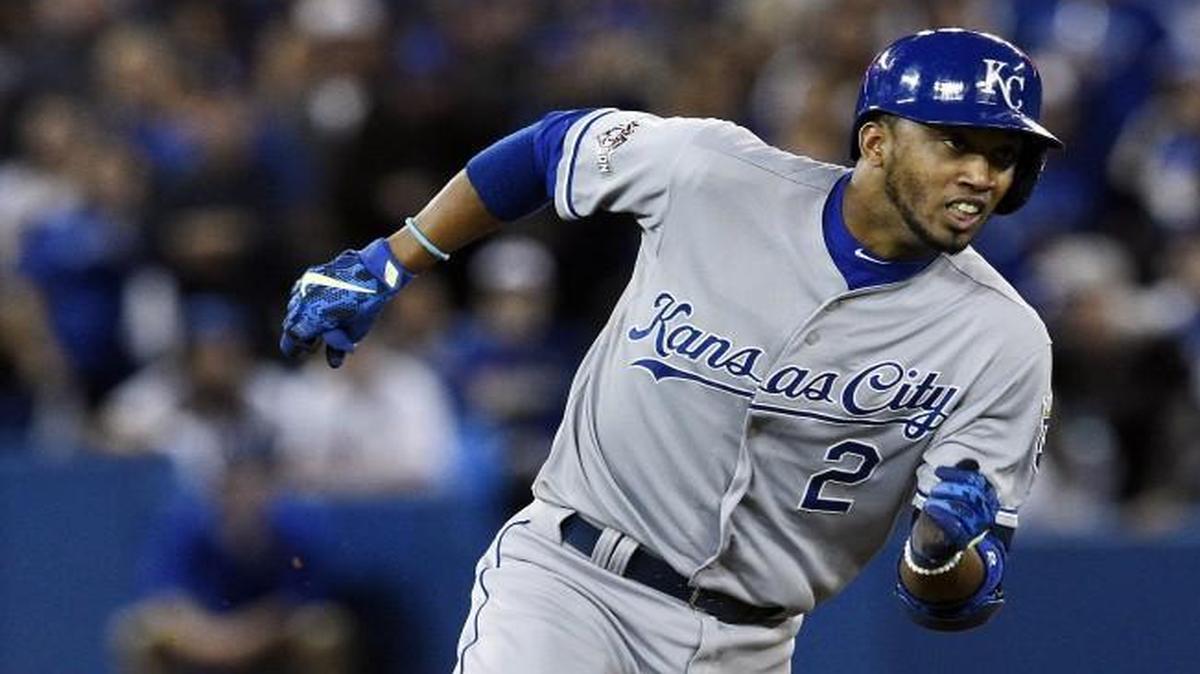 Kansas City Royals shortstop Alcides Escobar rounded second after hitting a leadoff triple in the first inning of Game 3 of the ALCS.