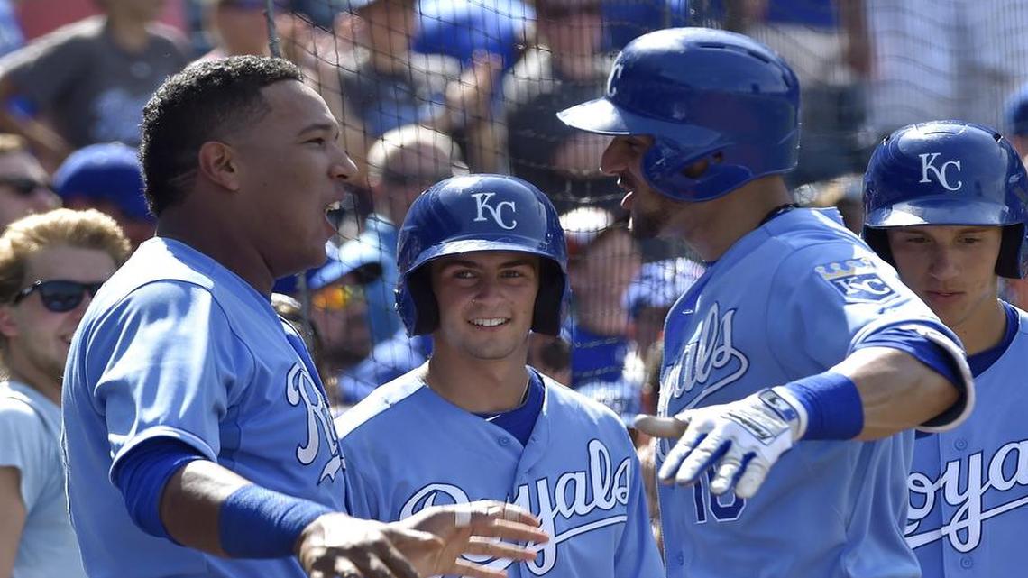 
The Royals' Salvador Perez (left) congratulates Paulo Orlando after his solo home run in the eighth inning during their July 12 baseball game against the Blue Jays at Kauffman Stadium.
