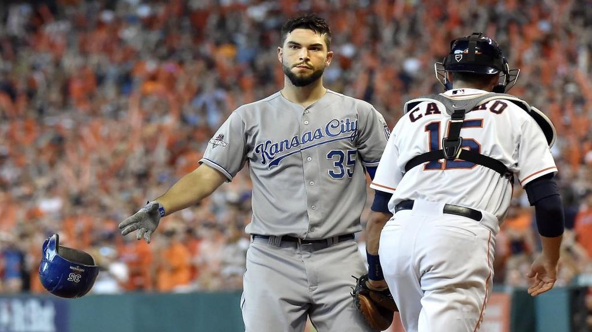 
Kansas City Royals first baseman Eric Hosmer threw his helmet after he struck out against Houston Astros starting pitcher Dallas Keuchel in the fifth inning of Sunday’s ALDS Game 3 at Minute Maid Park in Houston.
