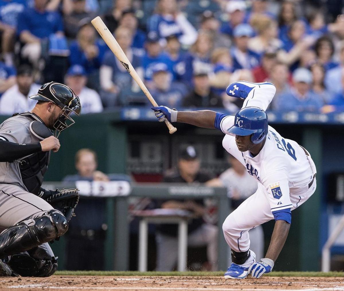 The Royals’ Lorenzo Cain hit the dirt after being hit by a pitch from Chicago White Sox starter Jose Quintana in the first inning on April 8, 2015, at Kauffman Stadium in Kansas City, Mo.