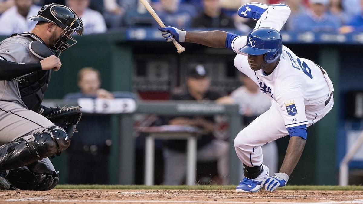 
The Royals’ Lorenzo Cain hit the dirt after being hit by a pitch from Chicago White Sox starter Jose Quintana in the first inning on April 8, 2015, at Kauffman Stadium in Kansas City, Mo.
