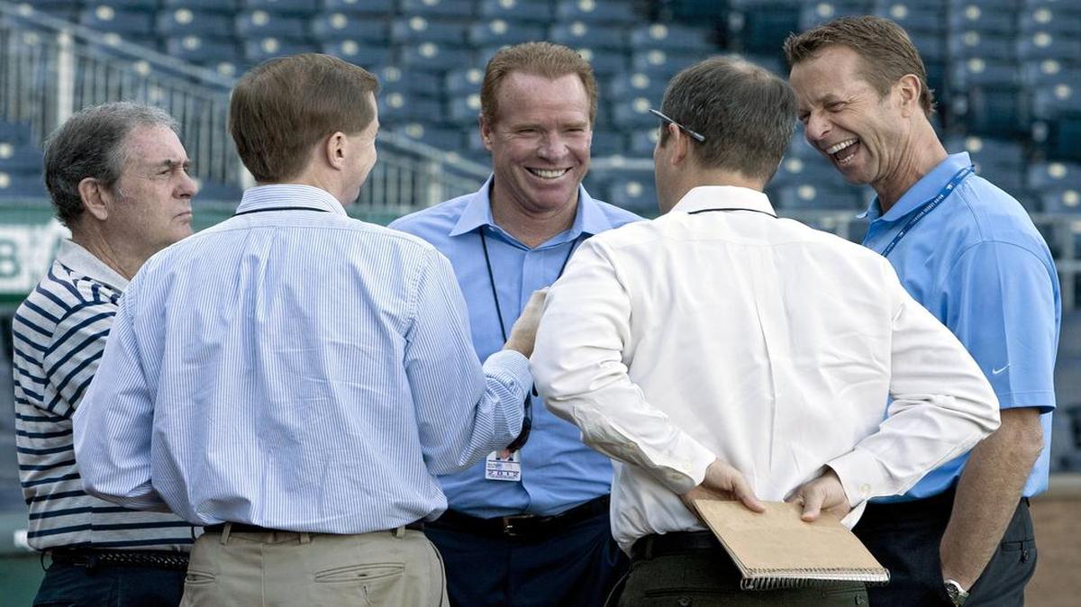
The Kansas City Royals announcing crews (from left) Denny Matthews, Steve Stewart, Rex Hudler, Ryan Lefebvre and Steve Physioc, gathered before a game in 2012.
