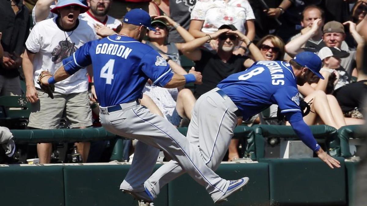 Unfortunately, this was a big moment in the season for the Royals: left fielder Alex Gordon and third baseman Mike Moustakas collided during the eighth inning of a game against the Chicago White Sox in May.