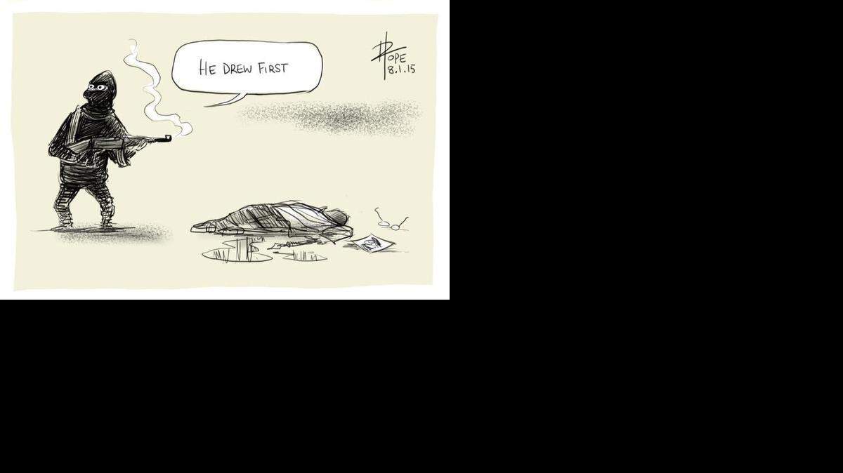 
Political cartoonist David Pope of The Canberra Times shared this cartoon in support of his colleagues from satirical newspaper Charlie Hebdo who were killed Wednesday. 
